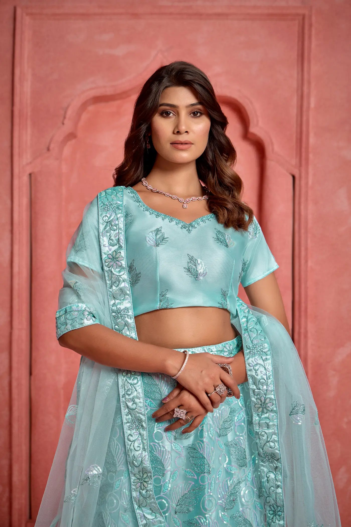 Baby Blue Net Thread & Sequence Embroidery Work Lehenga Choli