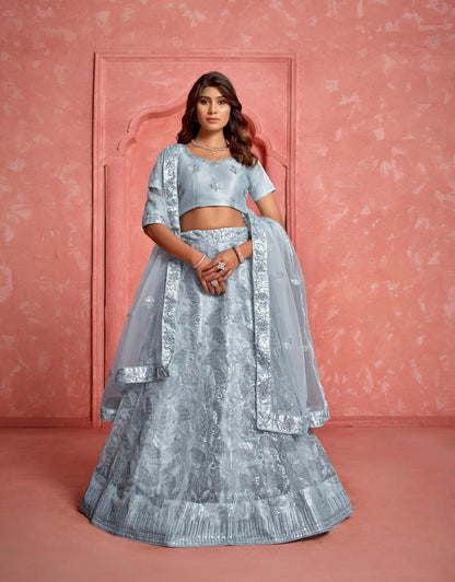 Light Grey Net Thread & Sequence Embroidery Work Lehenga Choli