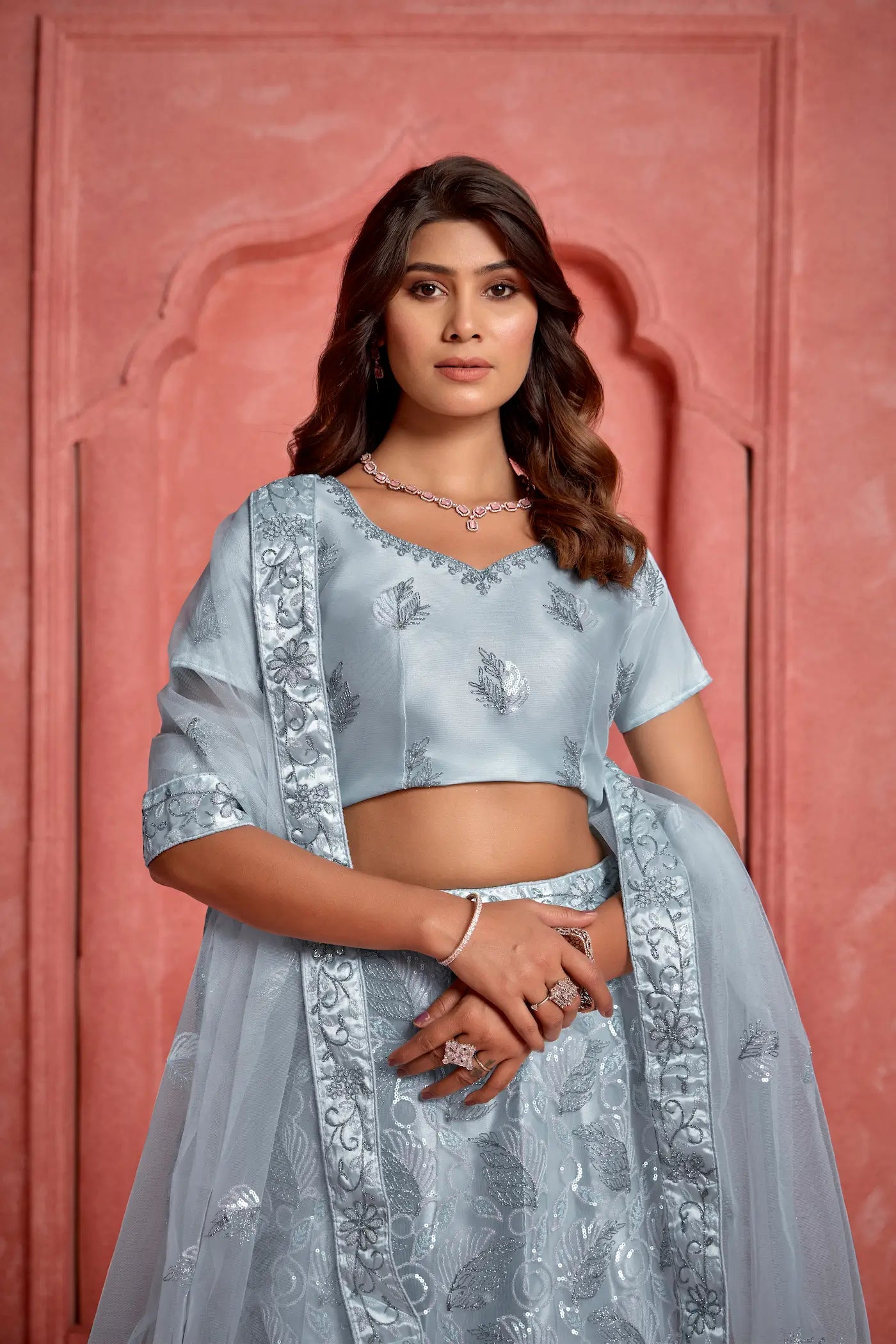 Light Grey Net Thread & Sequence Embroidery Work Lehenga Choli