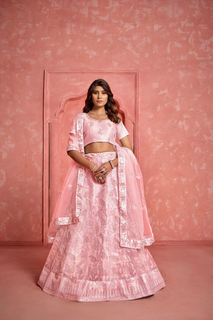 Peach Net Sequence & Thread Embroidery Work Lehenga Choli