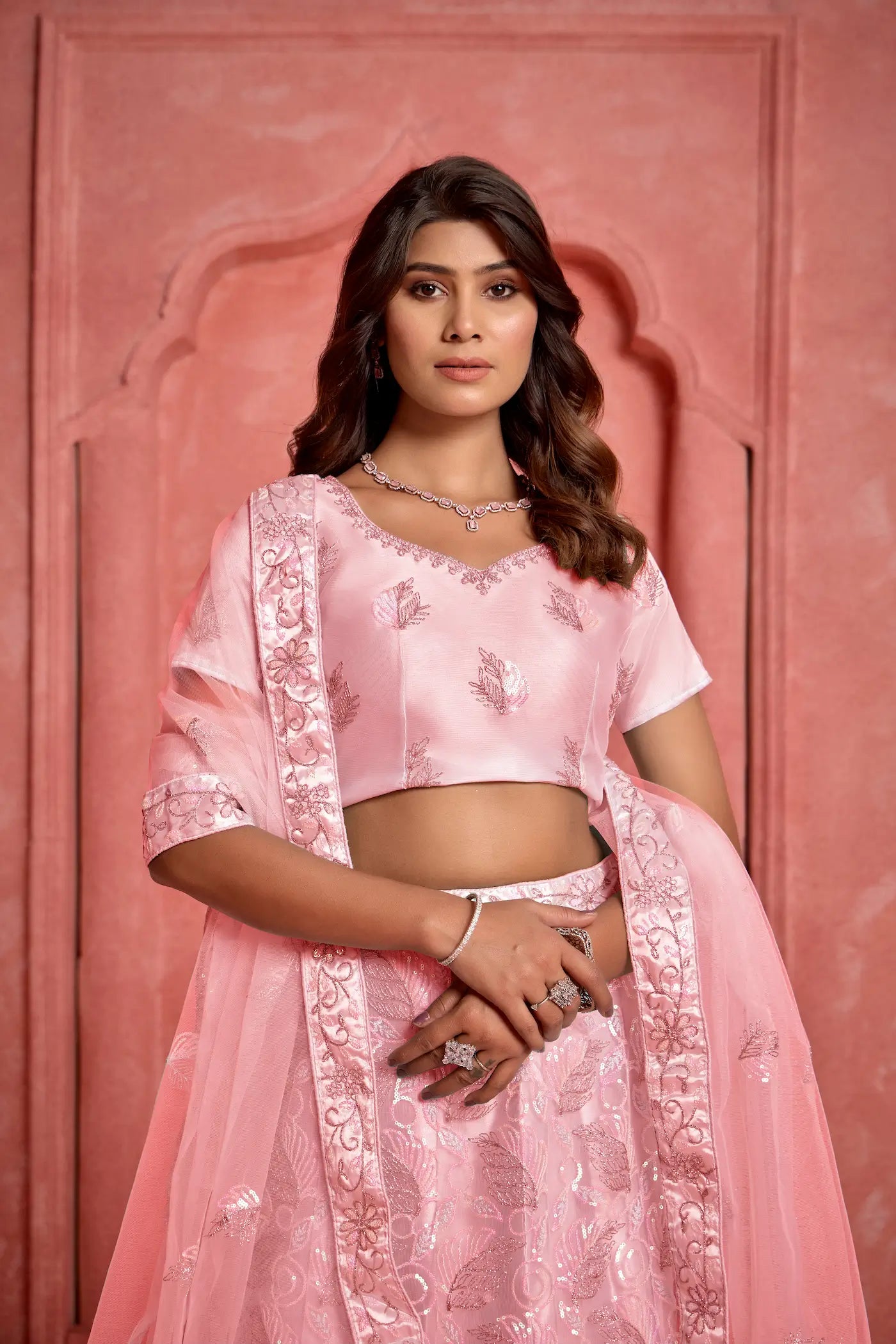 Peach Net Sequence & Thread Embroidery Work Lehenga Choli