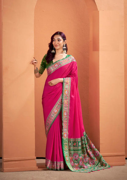Dark Pink Silk Patola Weaving Saree with Attractive Border
