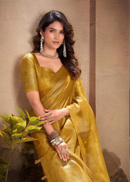 Yellow Tissue Silk Saree with Woven Butta Work