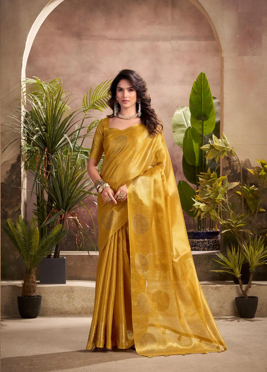 Yellow Tissue Silk Saree with Woven Butta Work