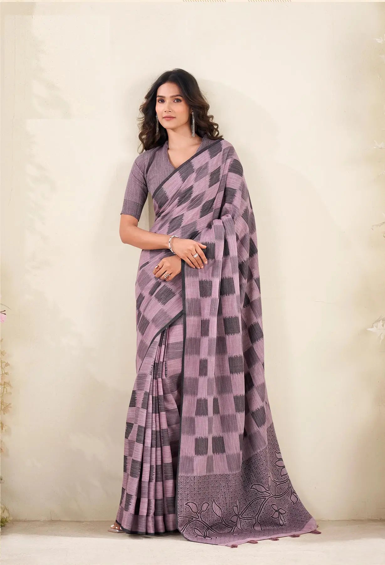 Dusty Lavender  Linen Silk Saree with Checks Print