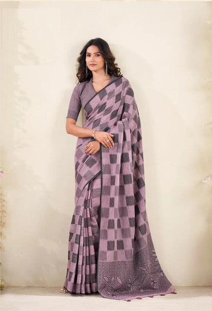 Dusty Lavender  Linen Silk Saree with Checks Print