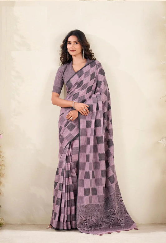 Dusty Lavender  Linen Silk Saree with Checks Print