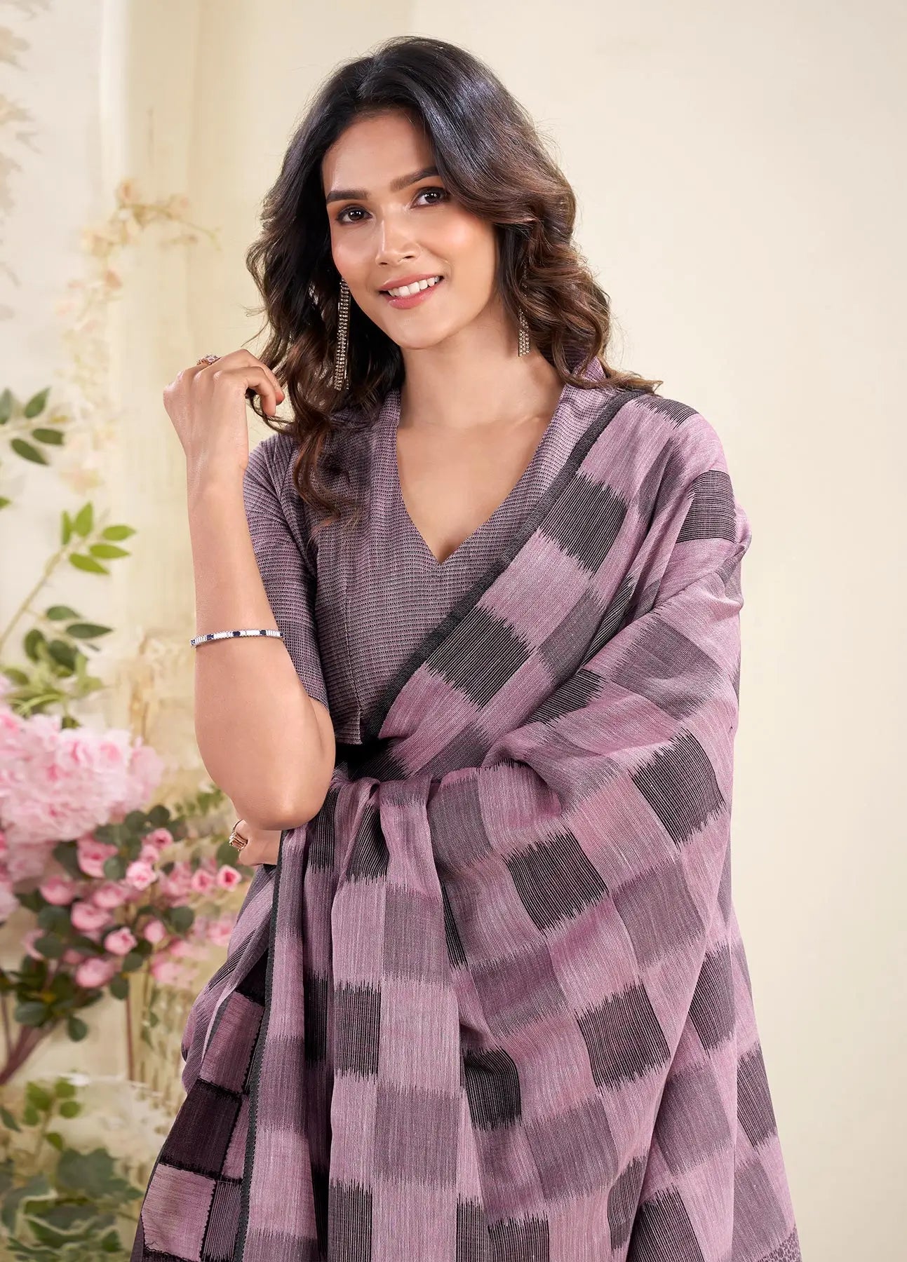 Dusty Lavender  Linen Silk Saree with Checks Print