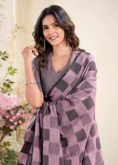 Dusty Lavender  Linen Silk Saree with Checks Print