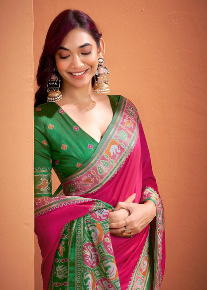 Dark Pink Silk Patola Weaving Saree with Attractive Border