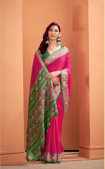 Dark Pink Silk Patola Weaving Saree with Attractive Border