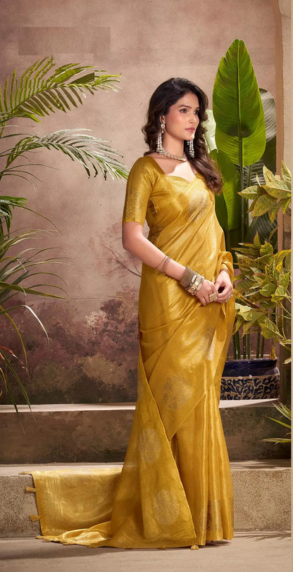 Yellow Tissue Silk Saree with Woven Butta Work