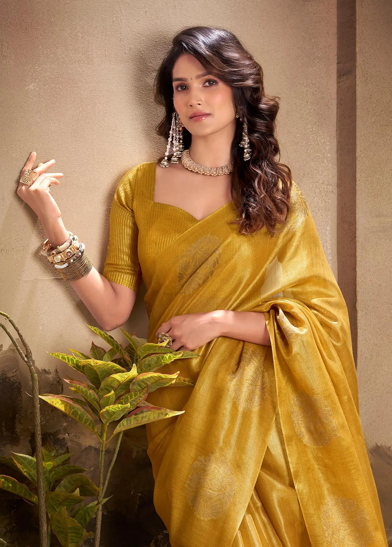 Yellow Tissue Silk Saree with Woven Butta Work