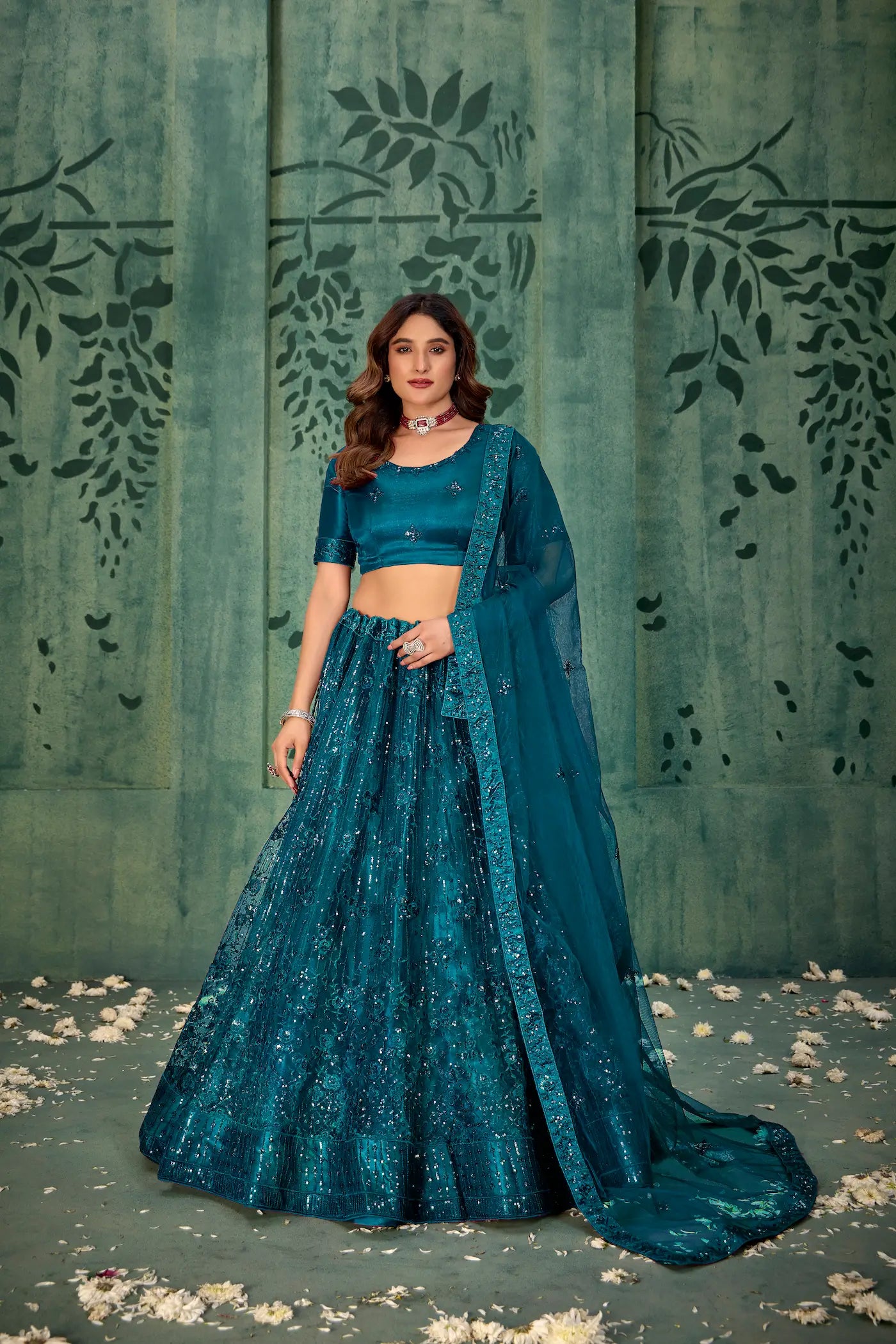 Crystal Teal Net Thread & Sequence Embroidery Work Lehenga Choli