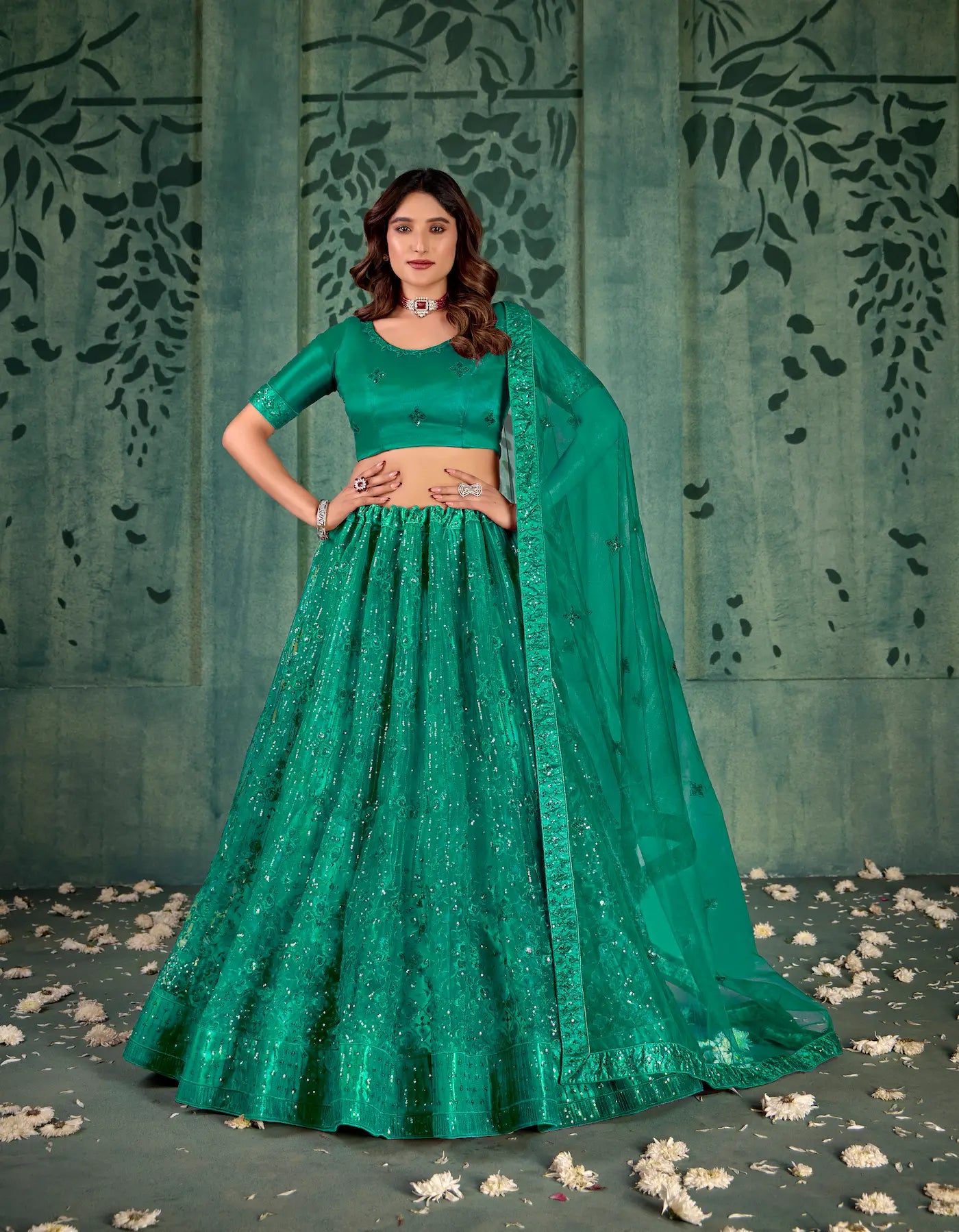Persian Green Net Thread & Sequence Embroidery Work Lehenga Choli