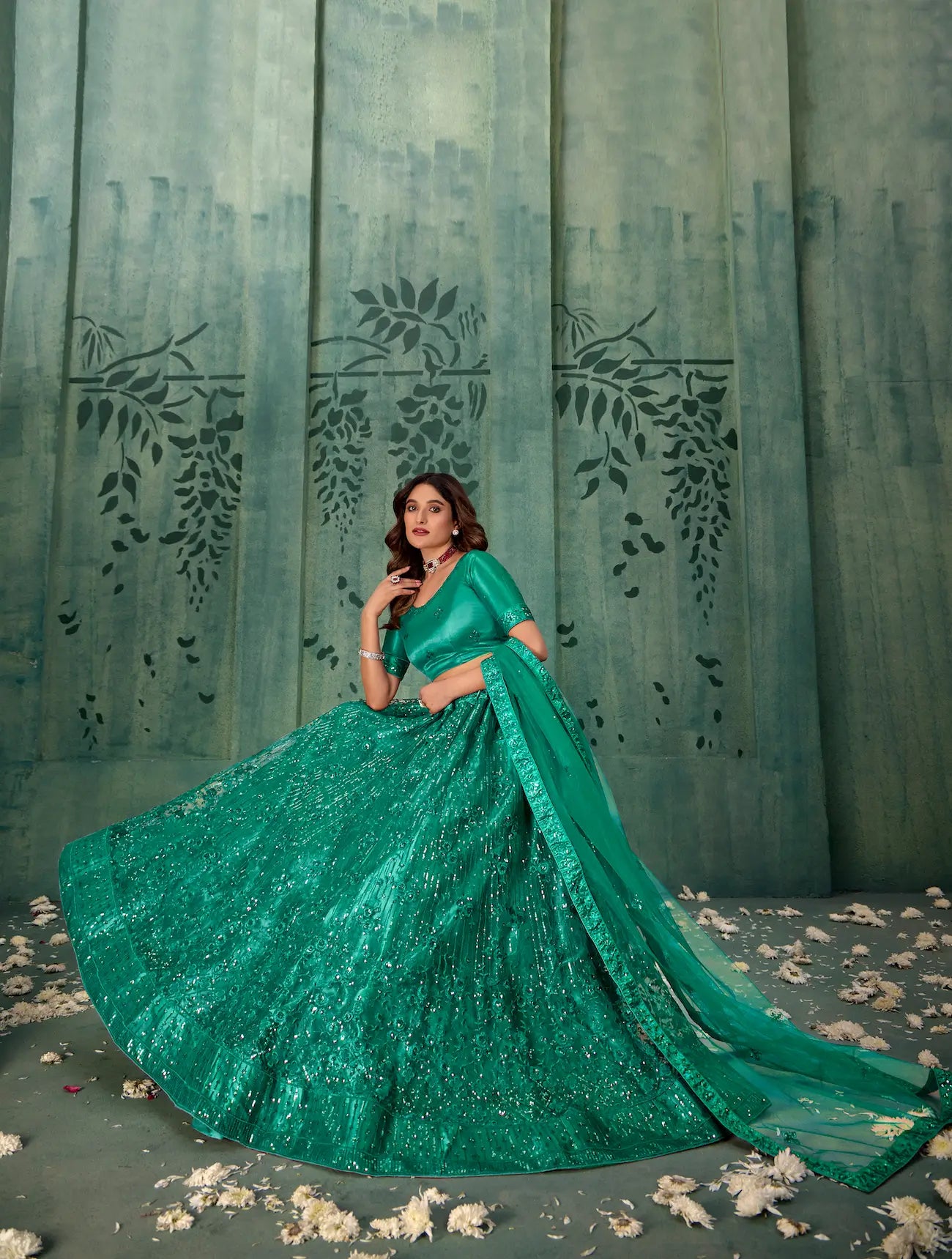 Persian Green Net Thread & Sequence Embroidery Work Lehenga Choli