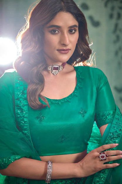 Persian Green Net Thread & Sequence Embroidery Work Lehenga Choli