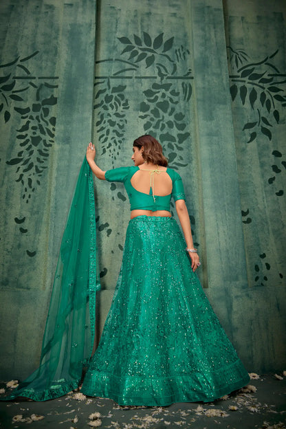 Persian Green Net Thread & Sequence Embroidery Work Lehenga Choli