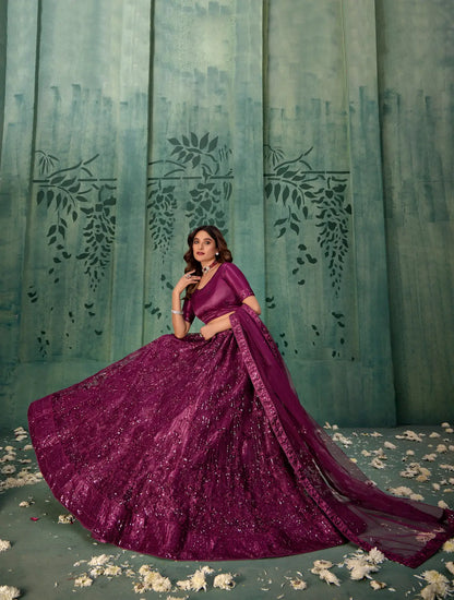 Wine Net  Lehenga Choli With Thread & Sequence Embroidery Work