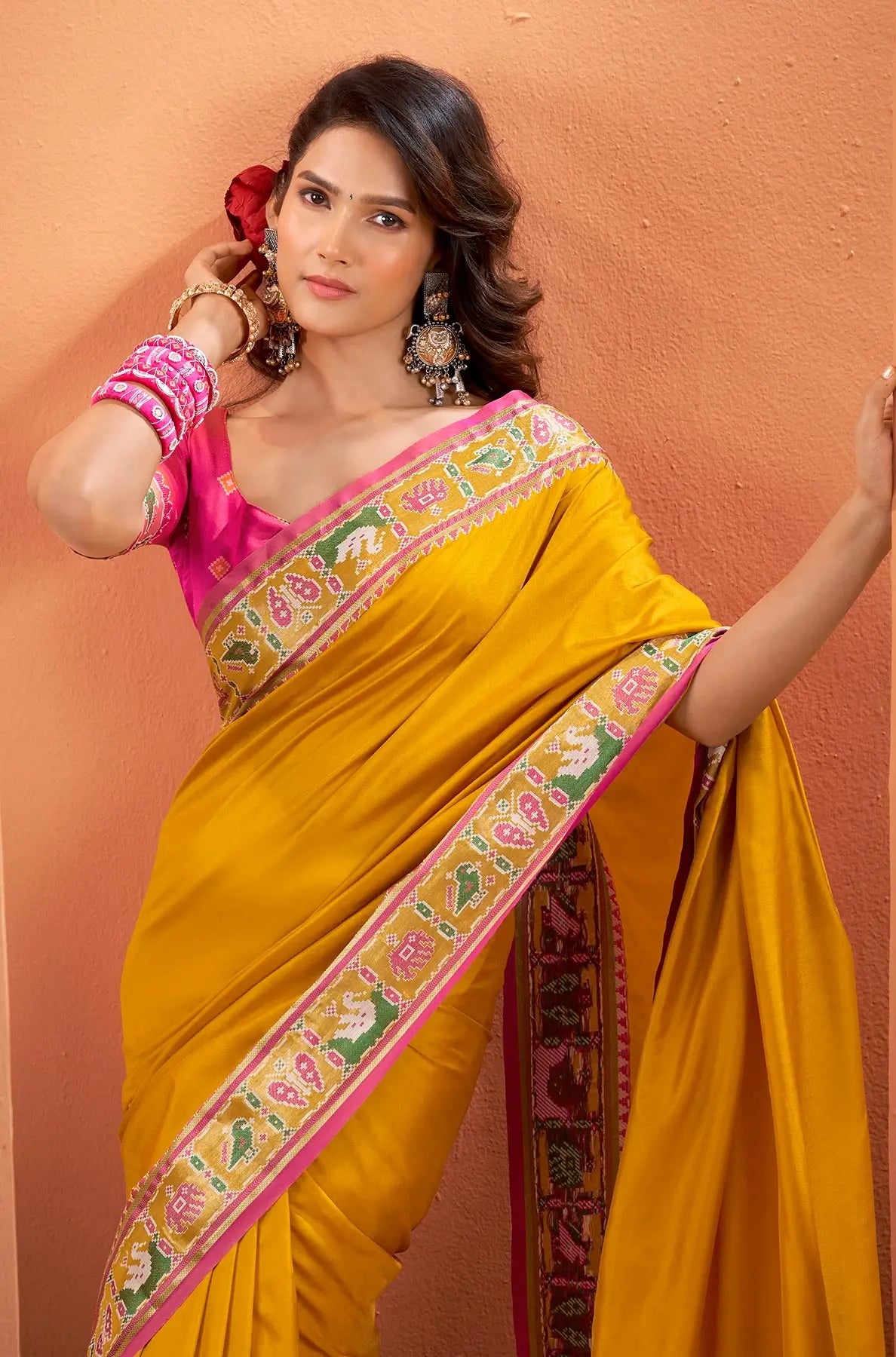 Mustard Yellow Silk Patola Weaving Saree with Attractive Border