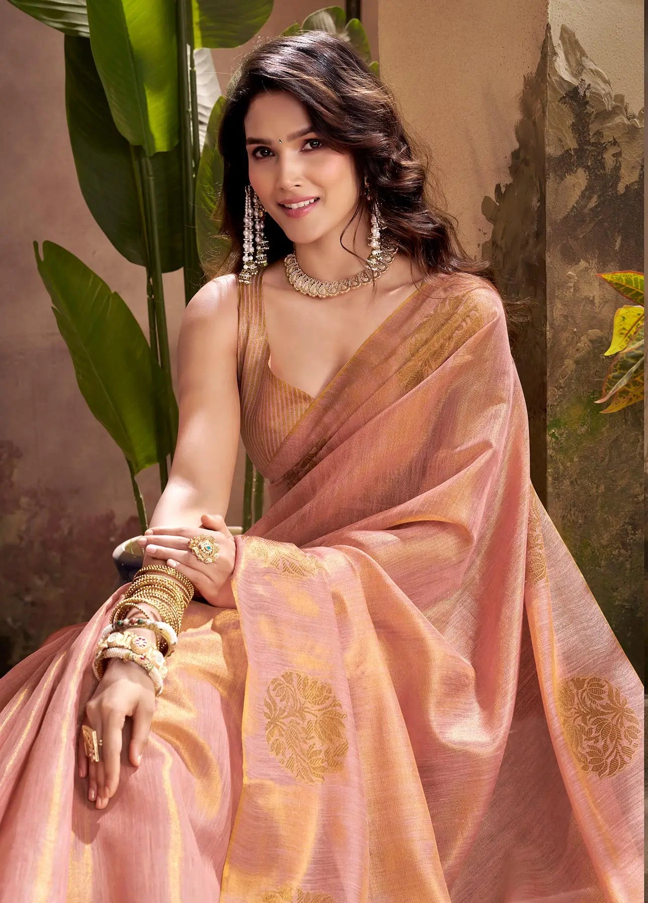 Peach Tissue Silk Saree with Woven Butta Work