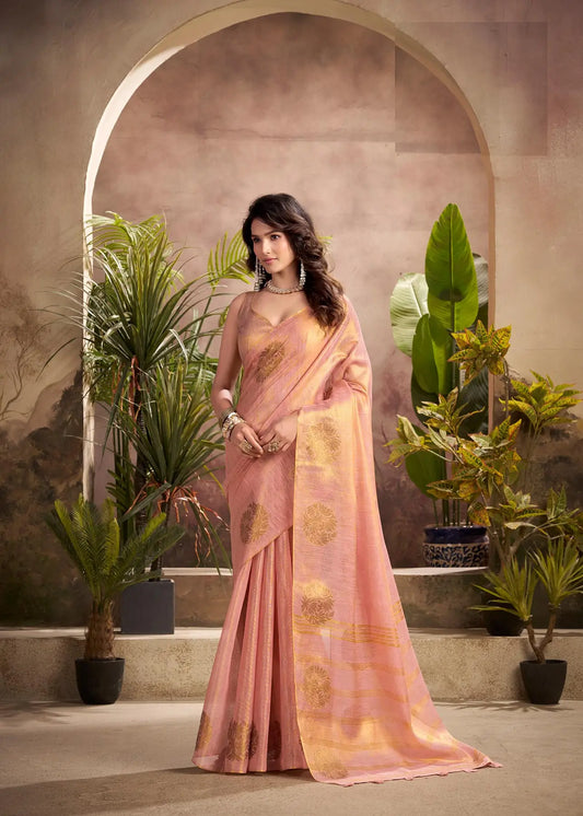 Peach Tissue Silk Saree with Woven Butta Work