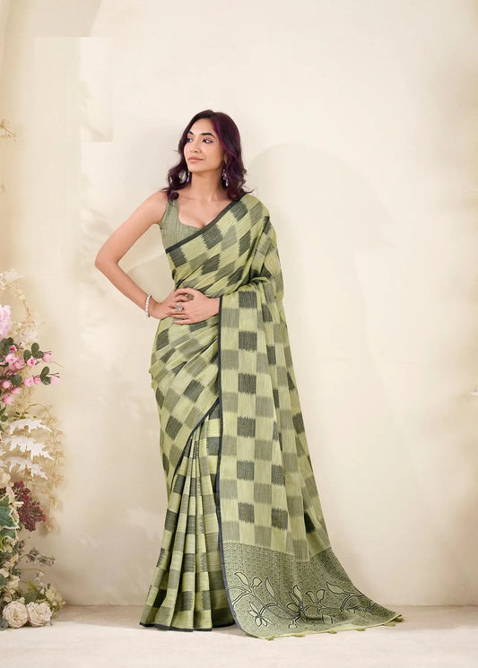 Perot  Linen Silk Saree with Checks Print