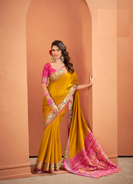 Mustard Yellow Silk Patola Weaving Saree with Attractive Border