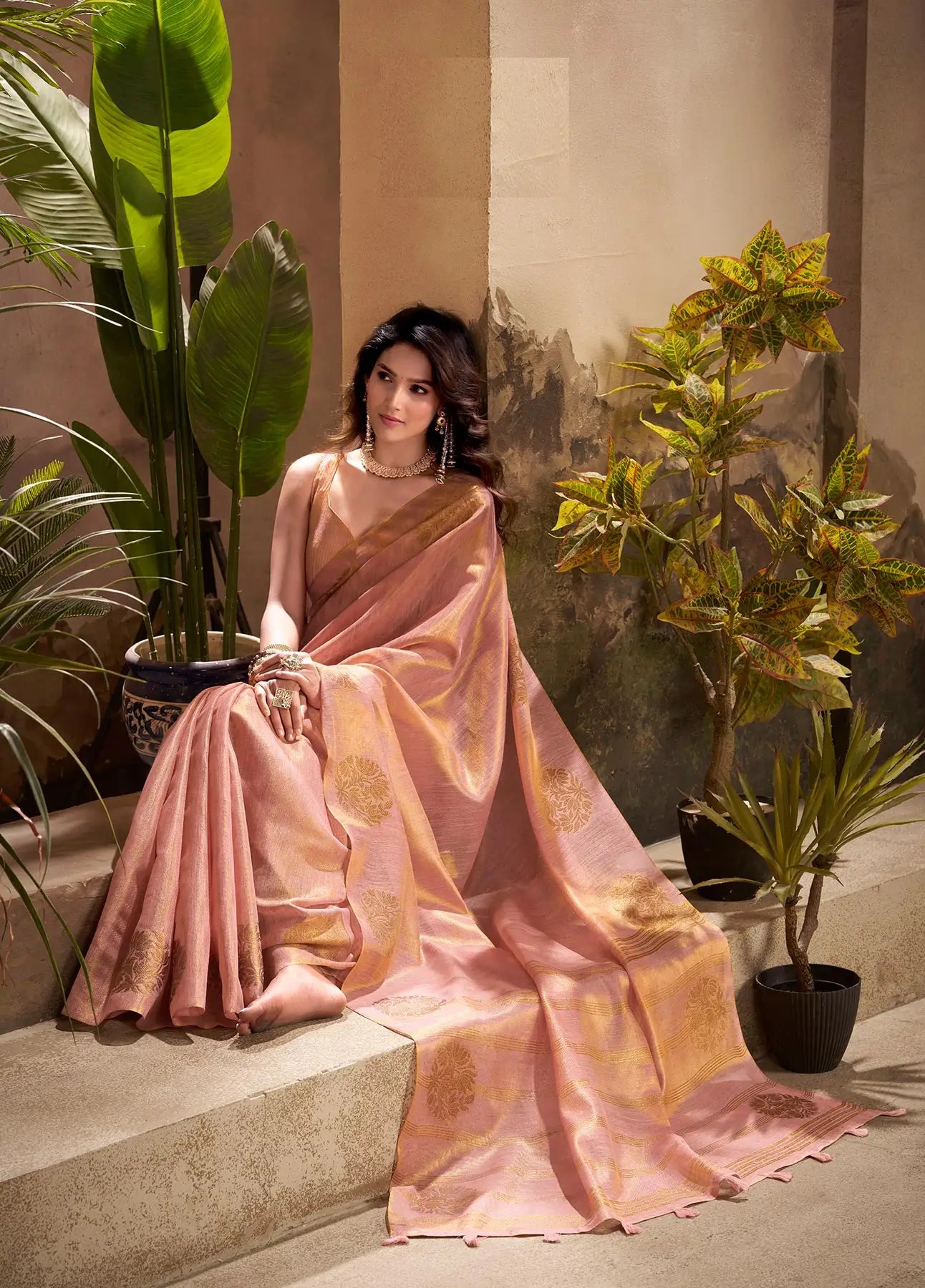 Peach Tissue Silk Saree with Woven Butta Work