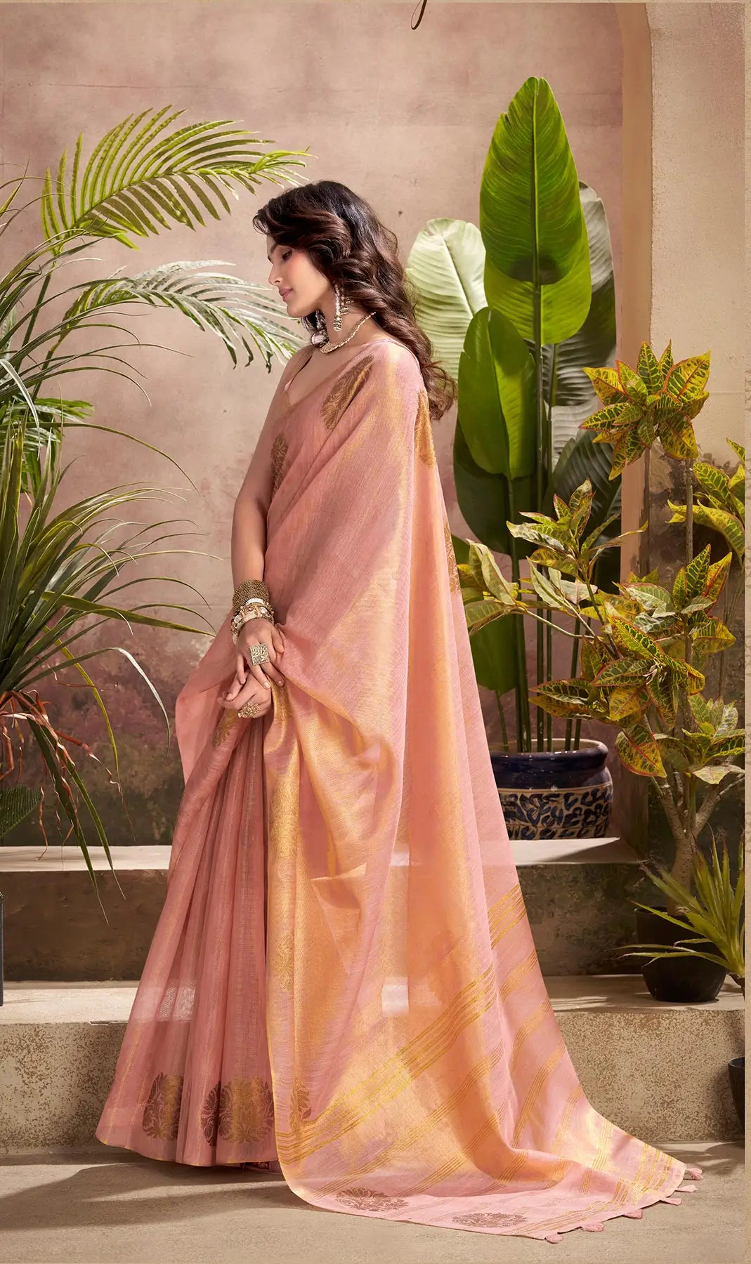 Peach Tissue Silk Saree with Woven Butta Work