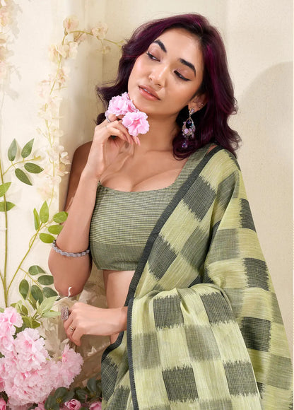 Perot  Linen Silk Saree with Checks Print