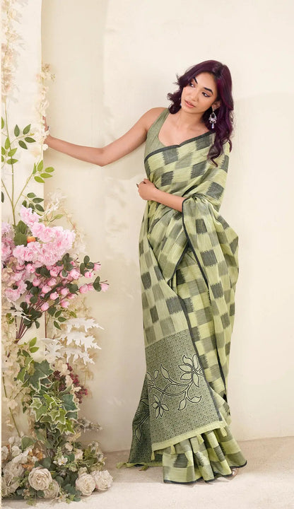 Perot  Linen Silk Saree with Checks Print