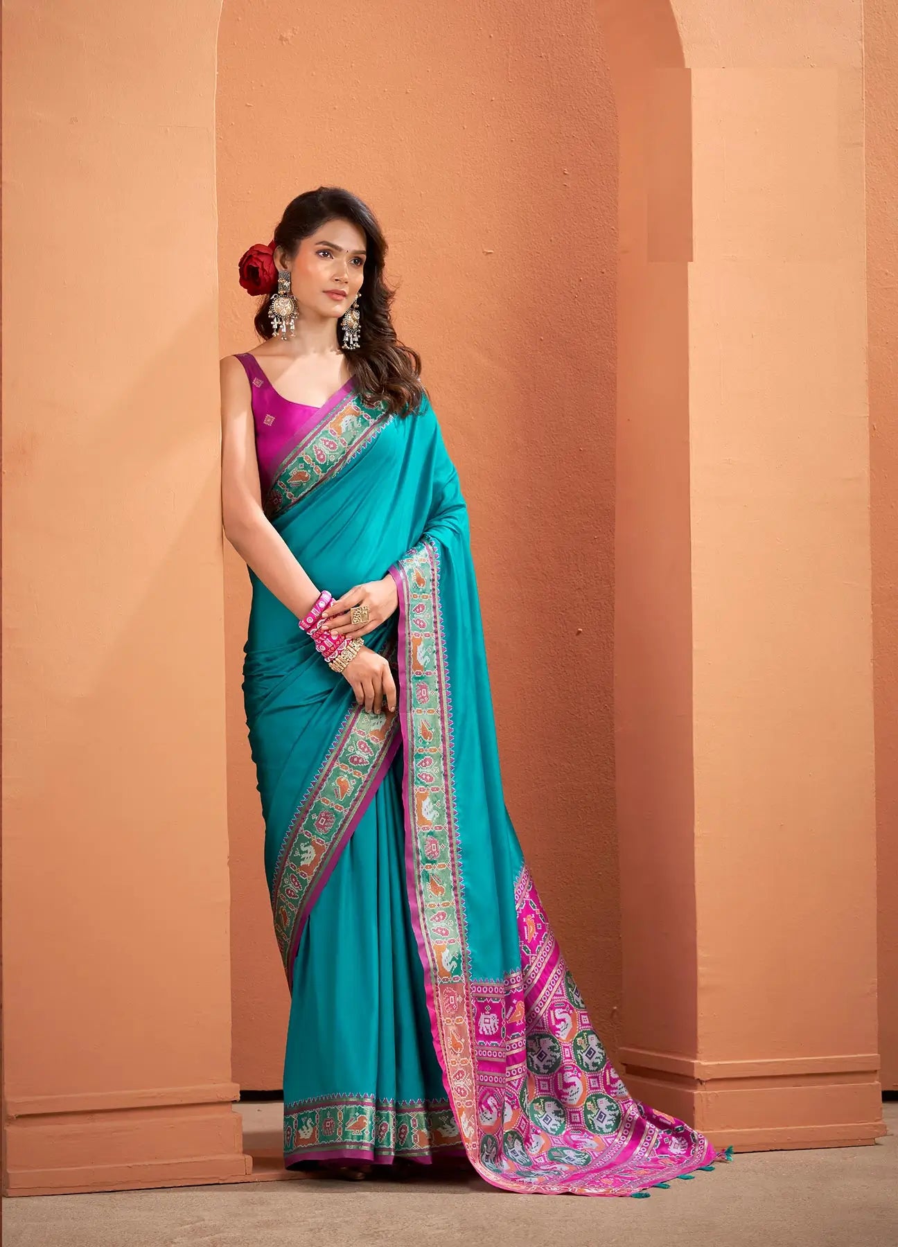 Teal Blue Silk Patola Weaving Saree with Attractive Border