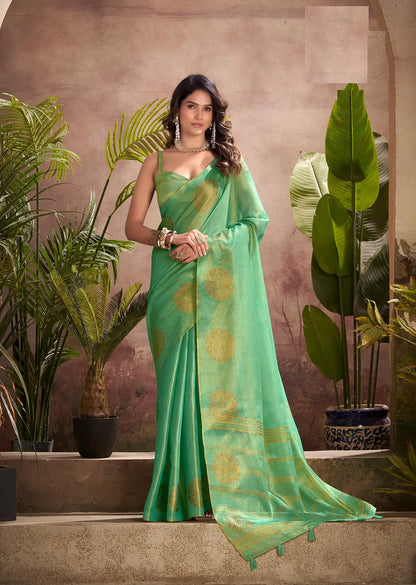 Green Tissue Silk Saree with Woven Butta Work