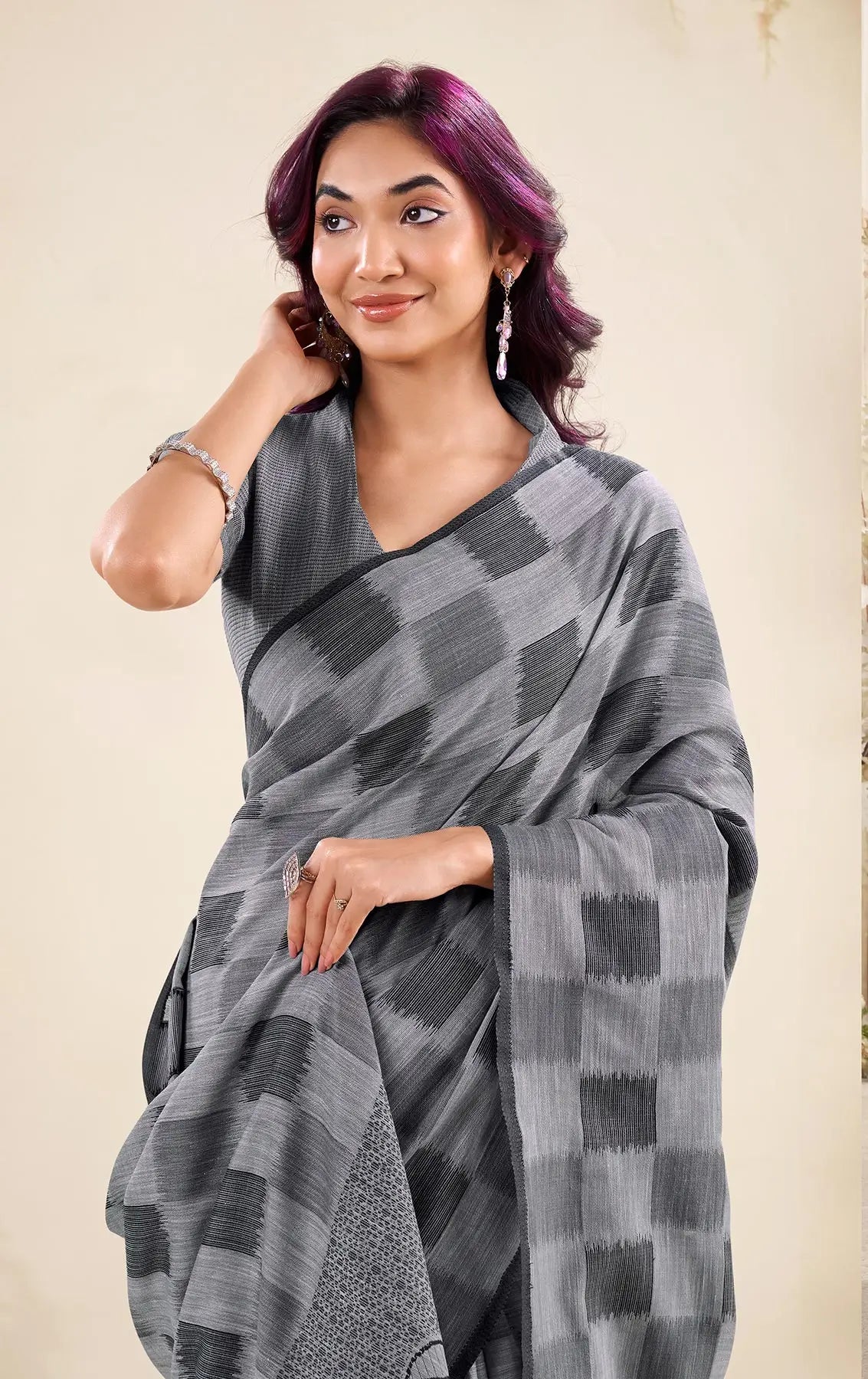Grey  Linen Silk Saree with Checks Print