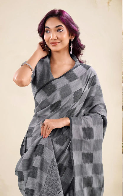 Grey  Linen Silk Saree with Checks Print