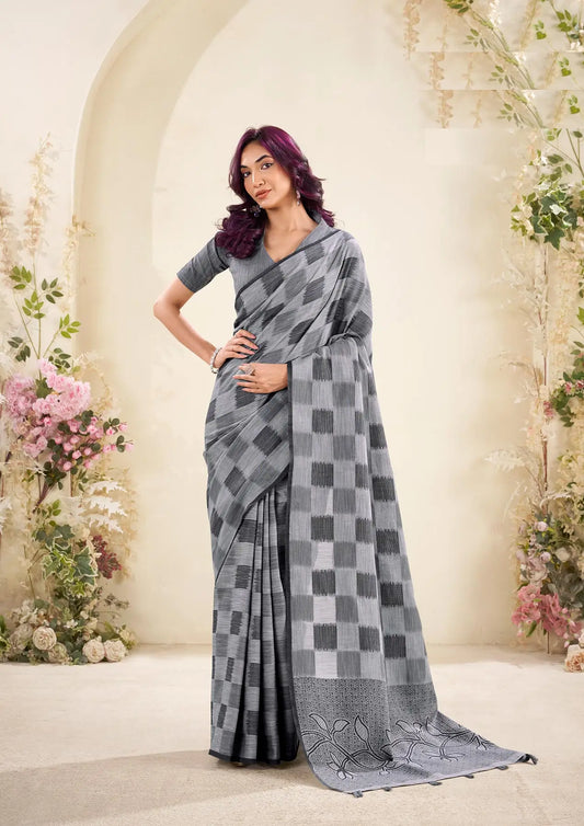 Grey  Linen Silk Saree with Checks Print