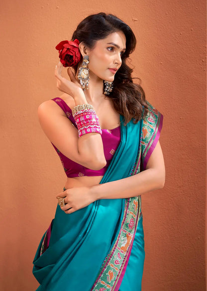 Teal Blue Silk Patola Weaving Saree with Attractive Border