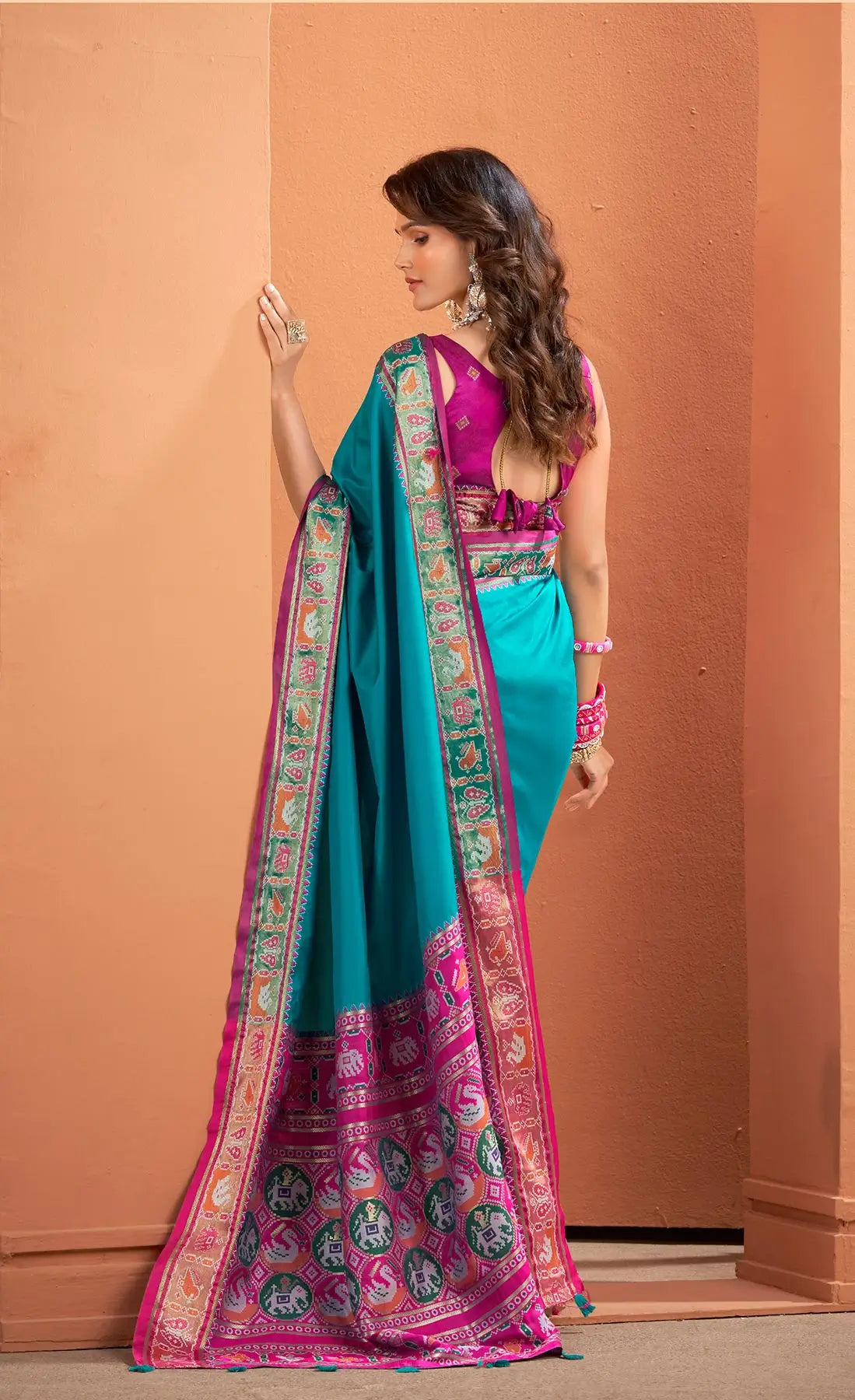 Teal Blue Silk Patola Weaving Saree with Attractive Border