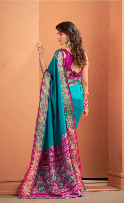 Teal Blue Silk Patola Weaving Saree with Attractive Border