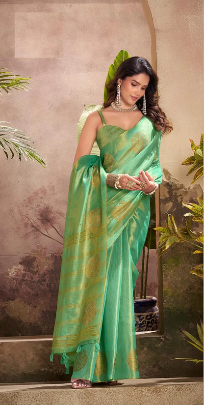Green Tissue Silk Saree with Woven Butta Work