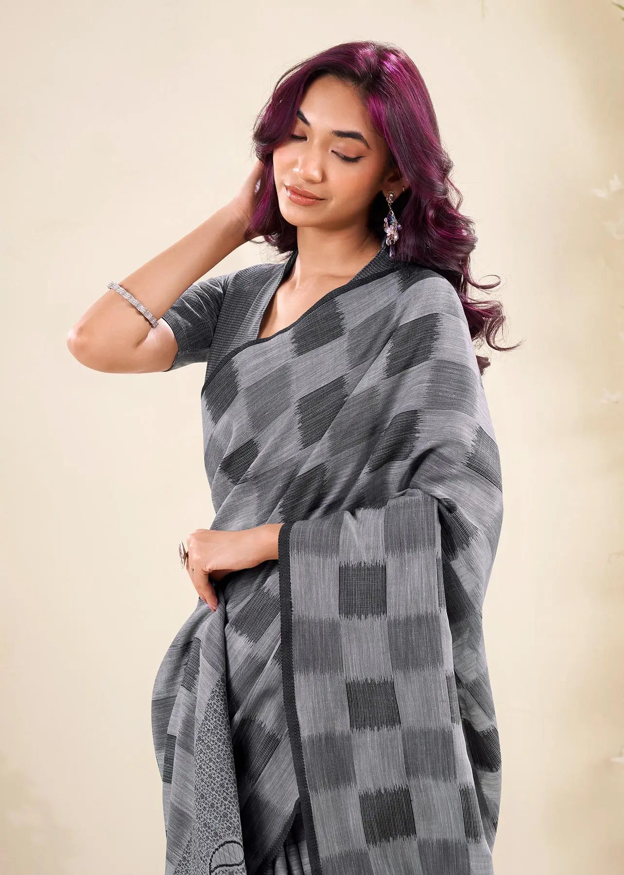 Grey  Linen Silk Saree with Checks Print
