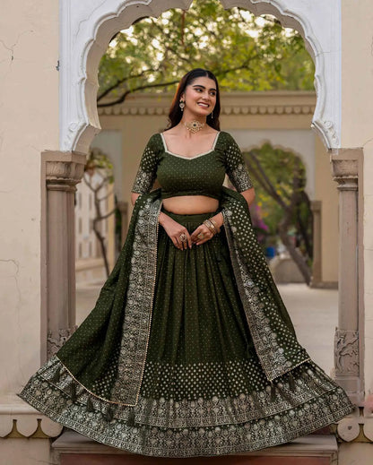 Olive Green Lehenga With Foil Print & Swarovski Work