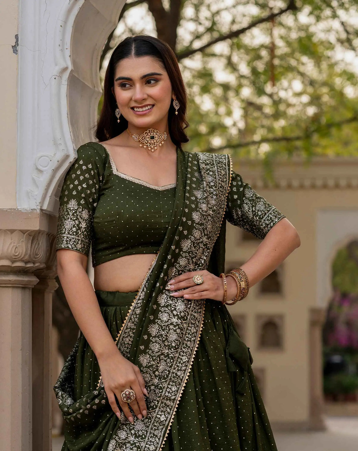 Olive Green Lehenga With Foil Print & Swarovski Work