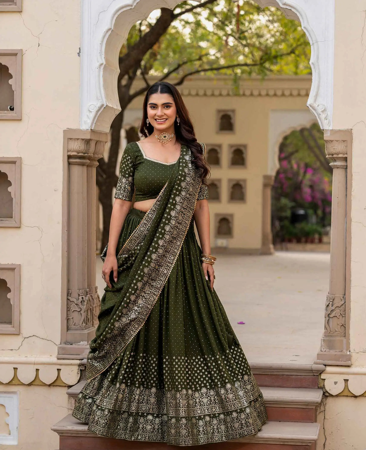 Olive Green Lehenga With Foil Print & Swarovski Work