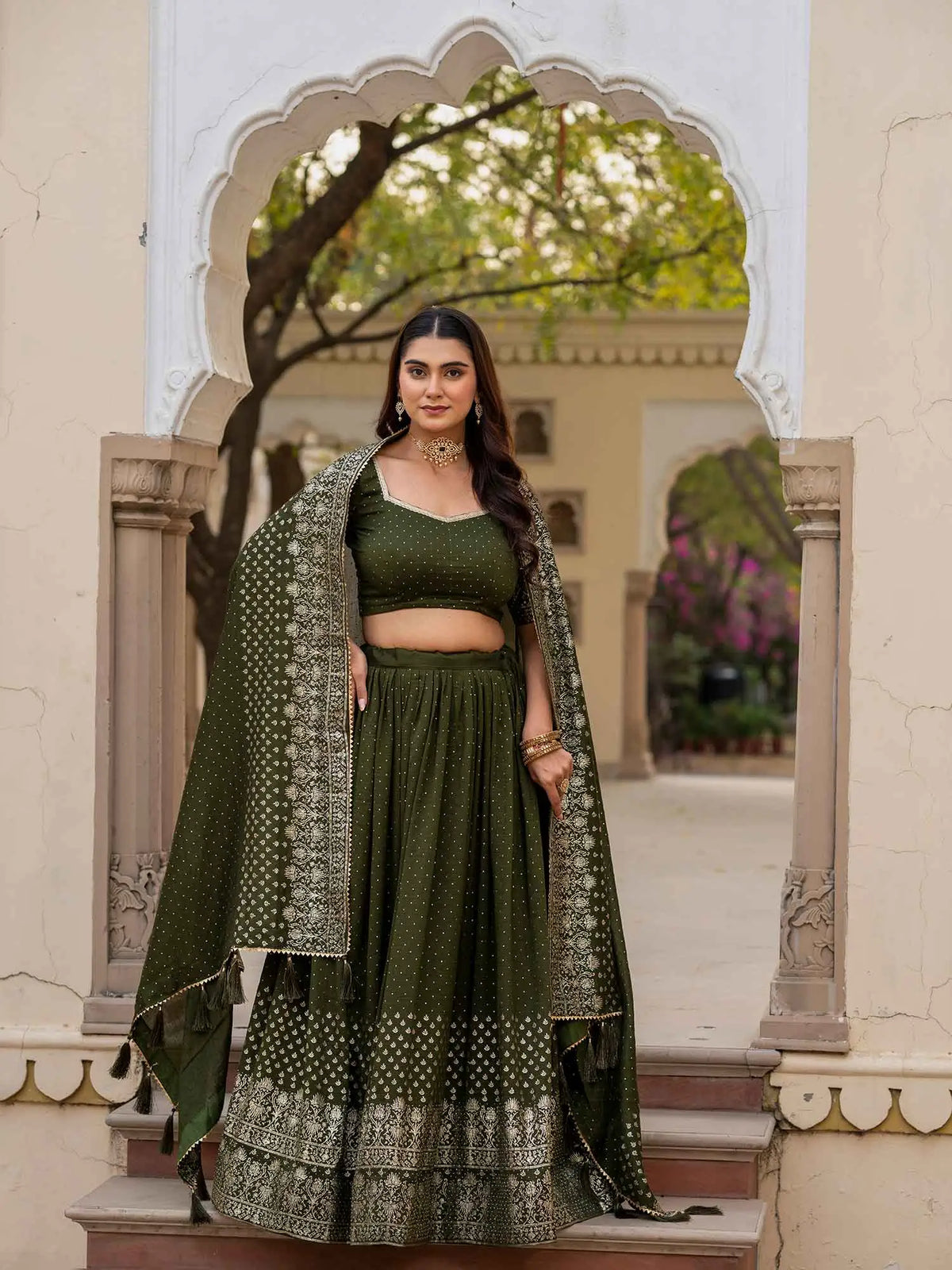 Olive Green Lehenga With Foil Print & Swarovski Work