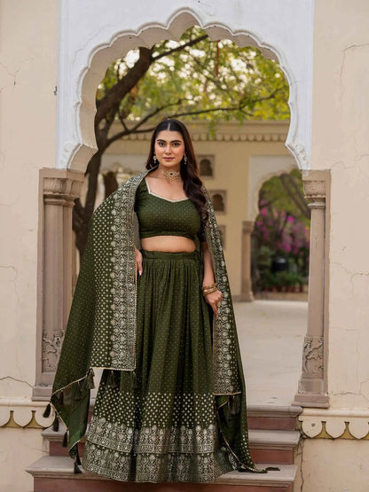Olive Green Lehenga With Foil Print & Swarovski Work