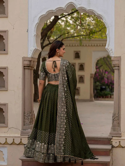Olive Green Lehenga With Foil Print & Swarovski Work