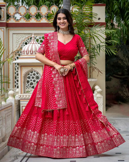 Rani Pink Lehenga With Foil Print & Swarovski Work