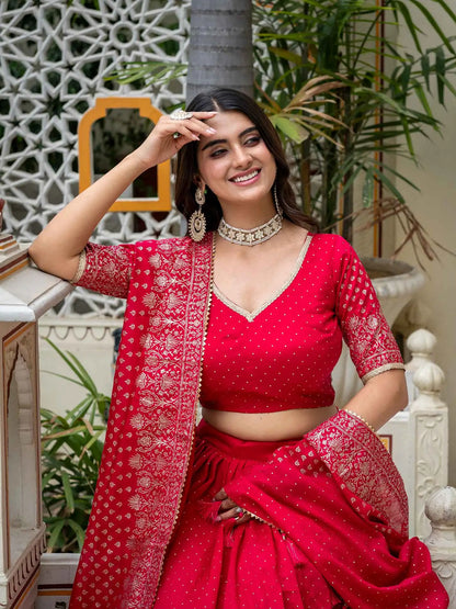 Rani Pink Lehenga With Foil Print & Swarovski Work